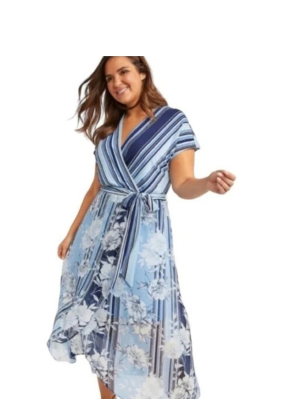Lane Bryant 14 Faux Wrap High Low Midi Dress Blue Floral Striped Tie Waist